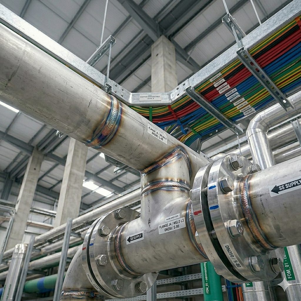 Stainless steel flanged process piping with welded joints and ID tags