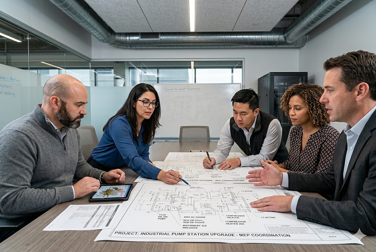 Engineering team reviewing MEPF coordination drawings in design meeting