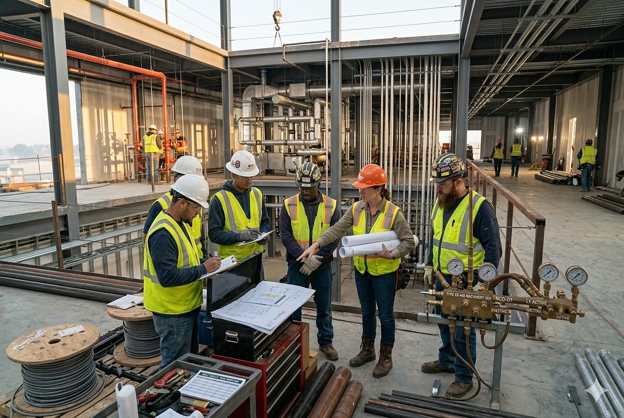 Site huddle: engineers reviewing drawings around a tool chest on the deck