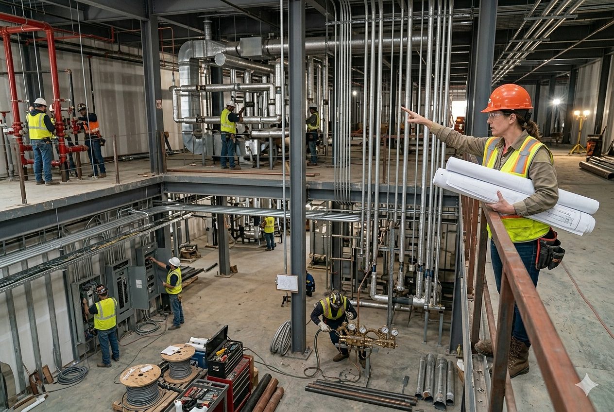 Site supervisor directing a multi-level MEPF erection in progress