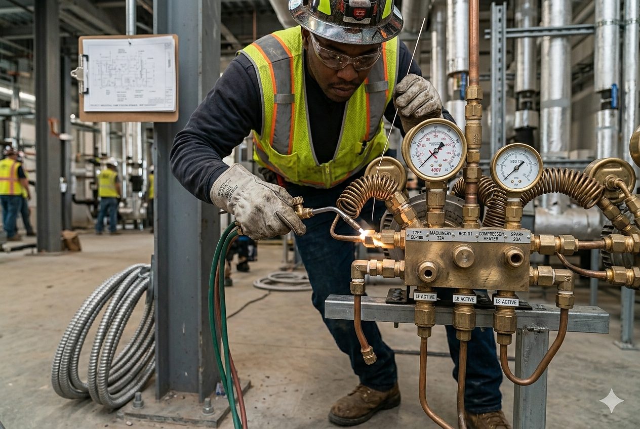 MEPF installer brazing a copper manifold on a live site