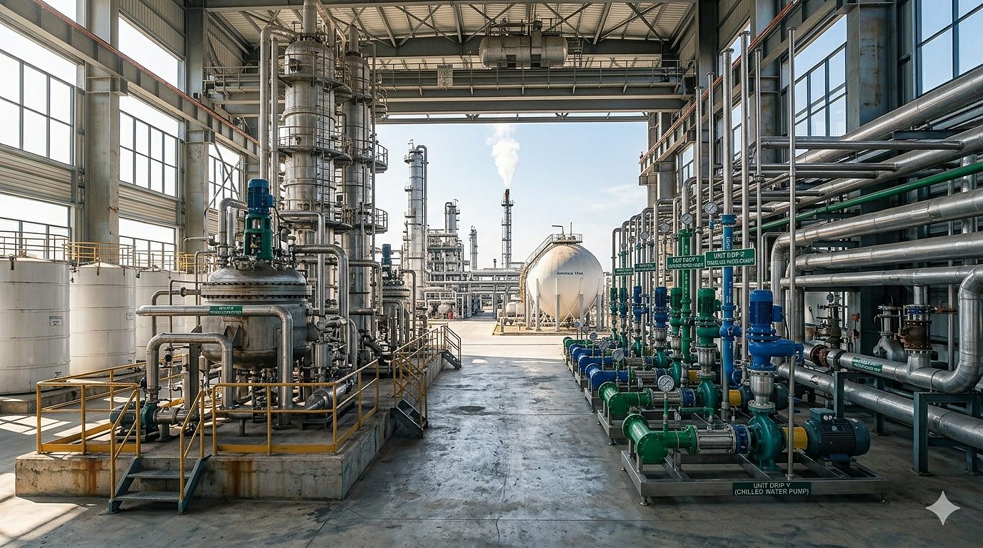 Petrochemical plant exterior with hydrant lines and process equipment