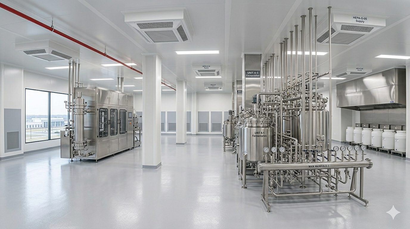 Pharma cleanroom utility hall — stainless process equipment and controlled environment