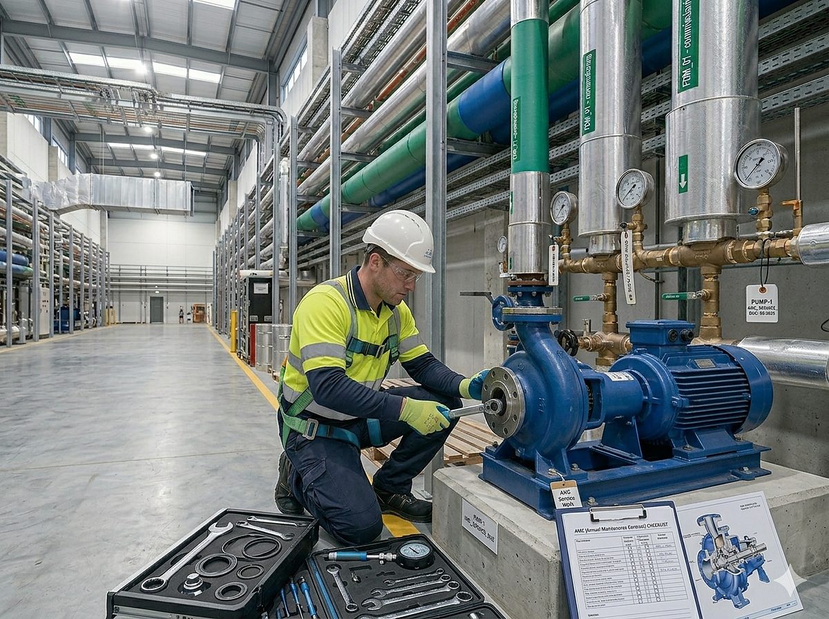 AMC technician servicing a pump as part of preventive maintenance