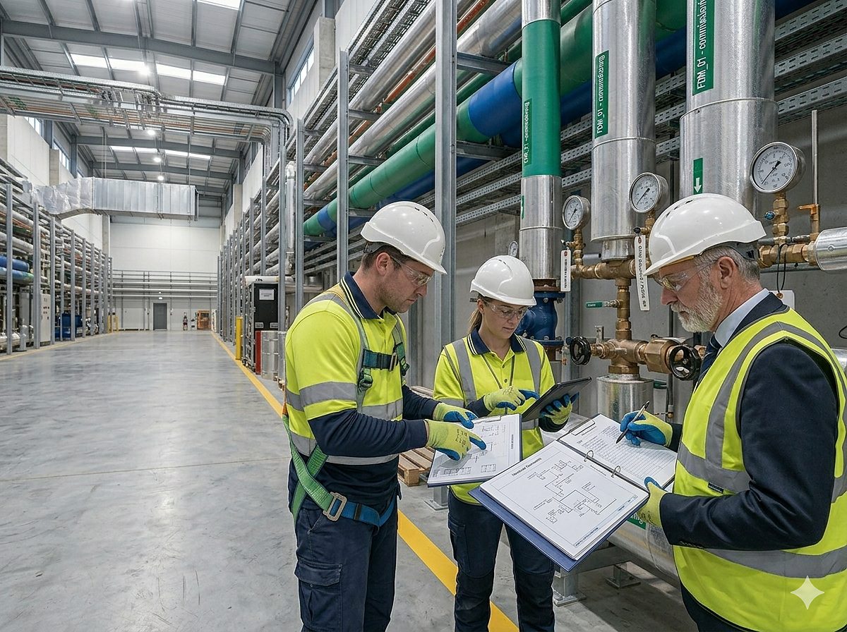 Three engineers in PPE inspecting commissioning documentation on plant room floor