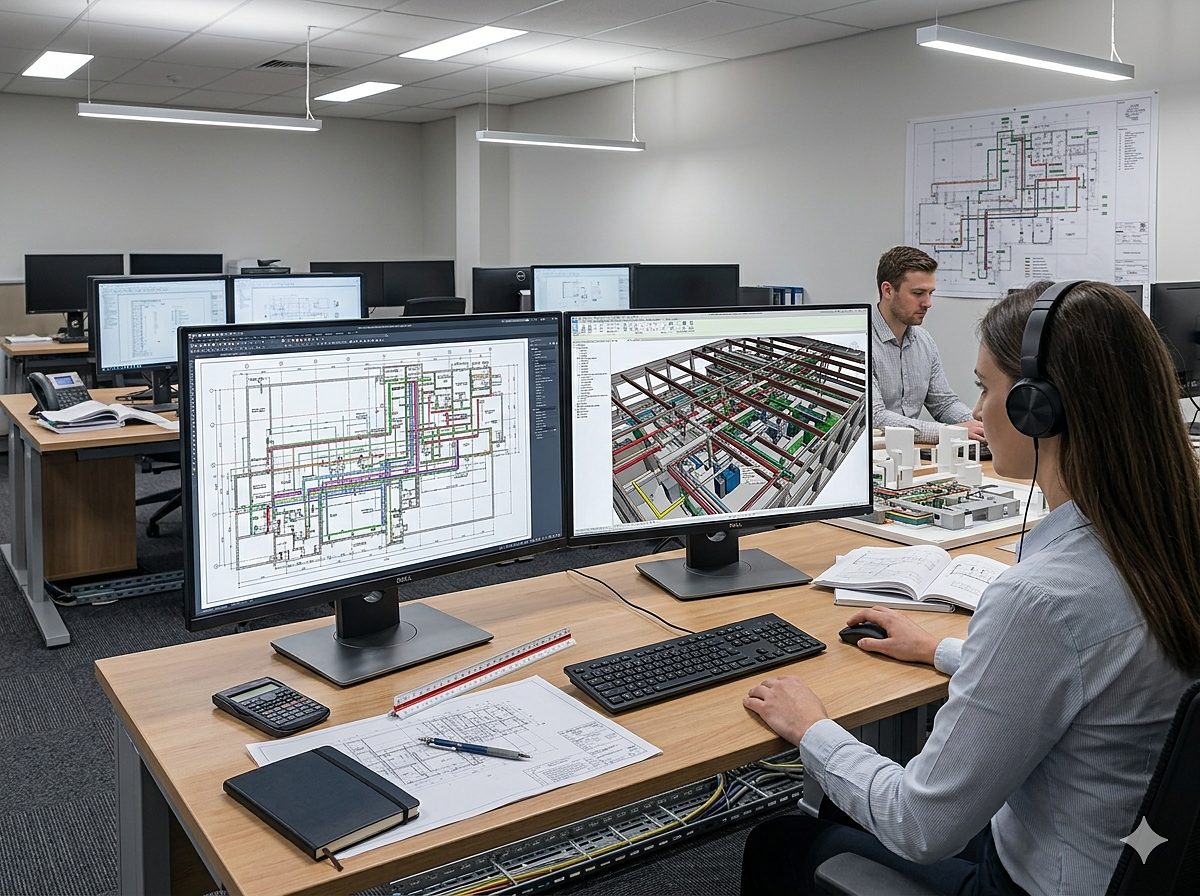 Engineering team reviewing MEPF coordination drawings on multi-monitor BIM workstation