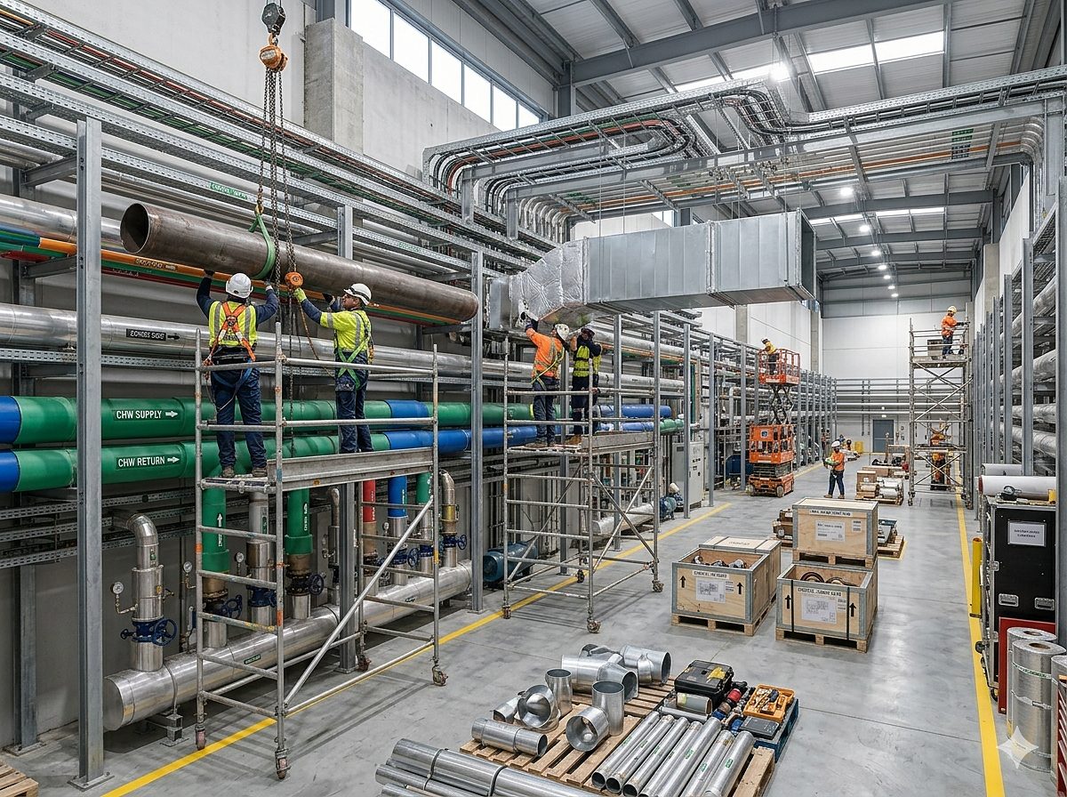 MEPF installation crew erecting piping and ductwork on scaffolded plant room