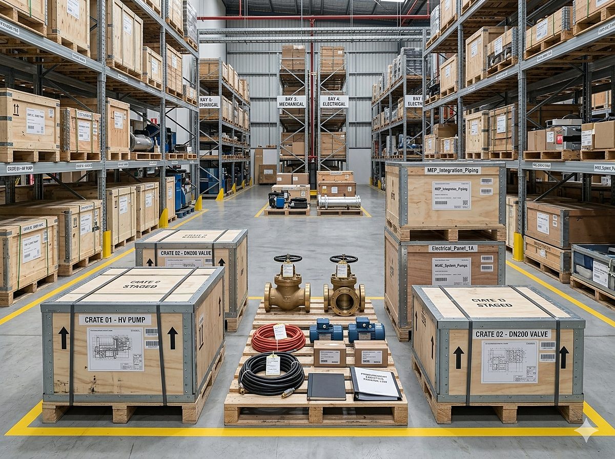 MEPF equipment crates and valves staged in a vendor-managed procurement bay