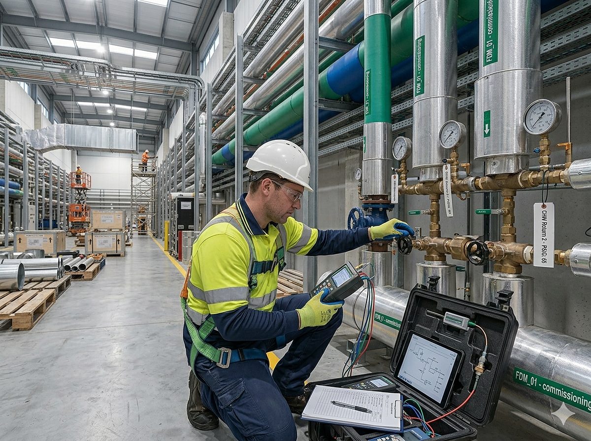 Commissioning engineer testing a pressure manifold with a digital gauge