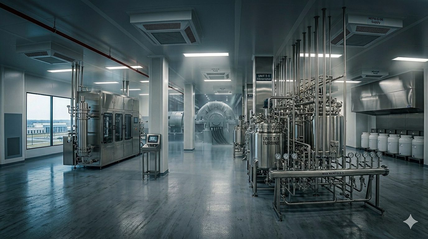Hospital plumbing plant room with pumps, tanks and distribution headers
